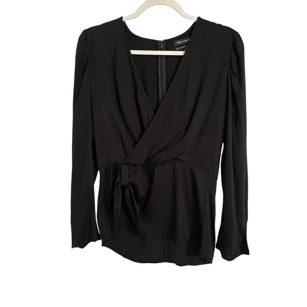 Something Navy Womens XS Whimsigoth Wrap Crossover Tie Rayon Blouse Black Office